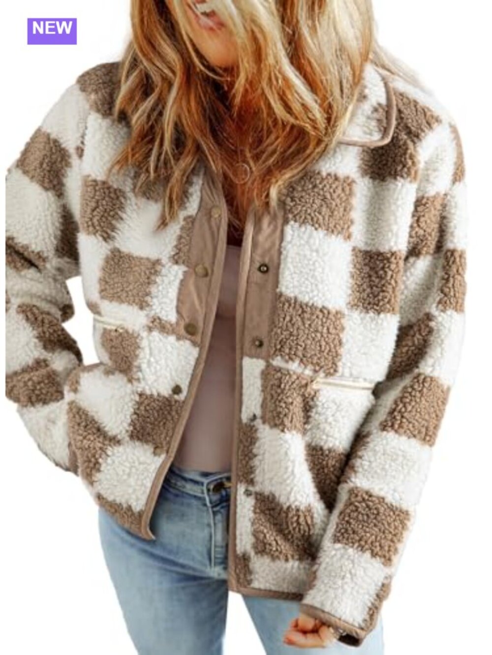 Womens Sherpa Fleece Plaid Button Down Jacket Loose Fit Winter Coat